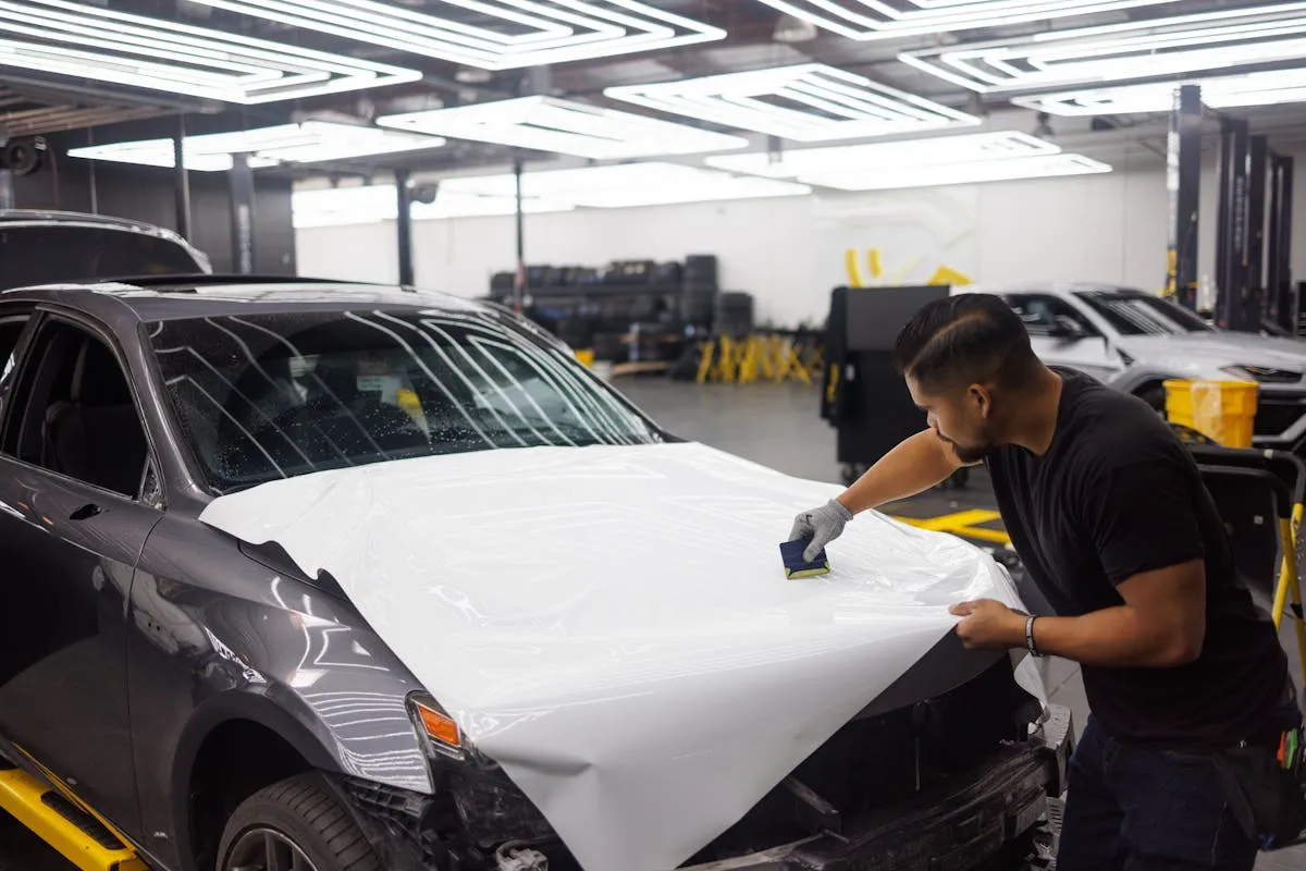 Professional vinyl wrap being applied to a car hood in a clean installation shop