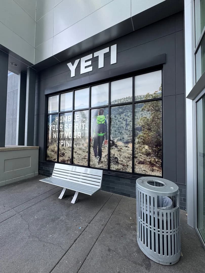 Front view of the completed Yeti seasonal storefront graphics