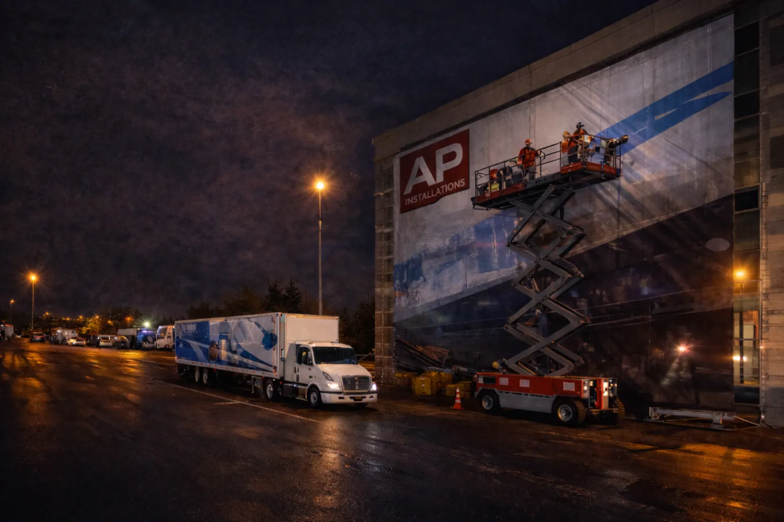 AP Installations crew installing a large format mural at night with the AP branded truck