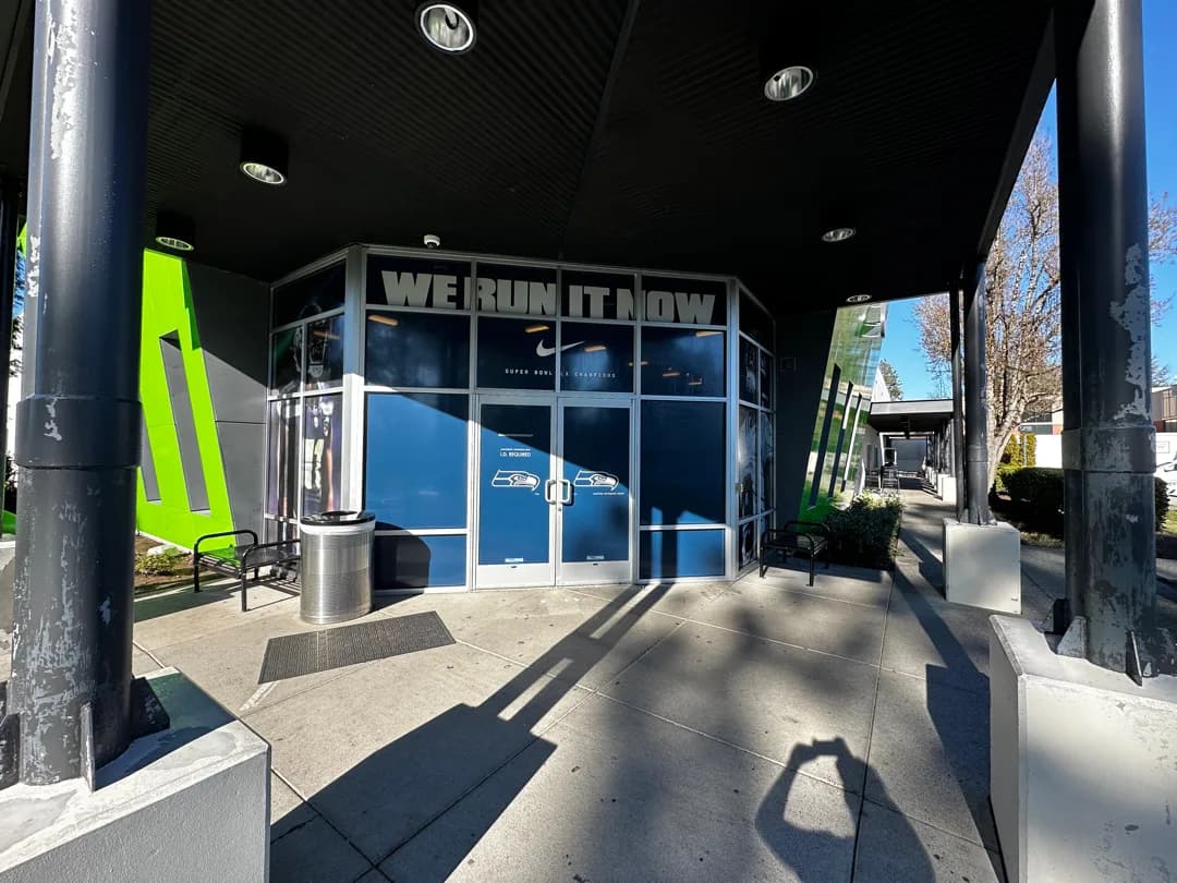 Completed Seahawks entrance window graphics reading We Run It Now