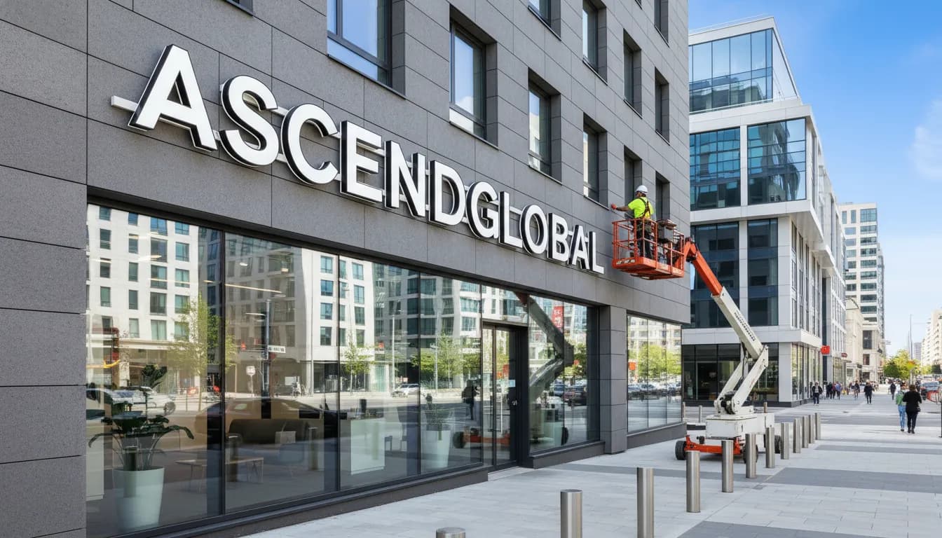 Professional technician installing illuminated commercial channel letter signs on a business building facade