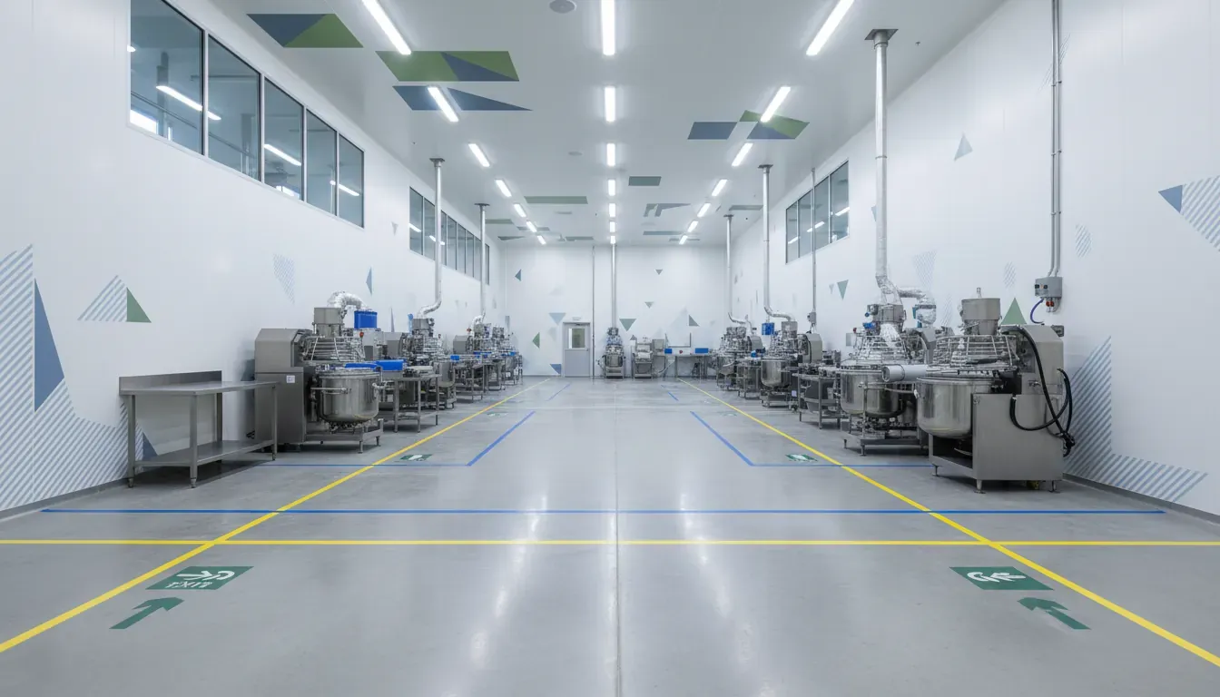 Facility graphics for food manufacturing plants with wall graphics and floor safety markings