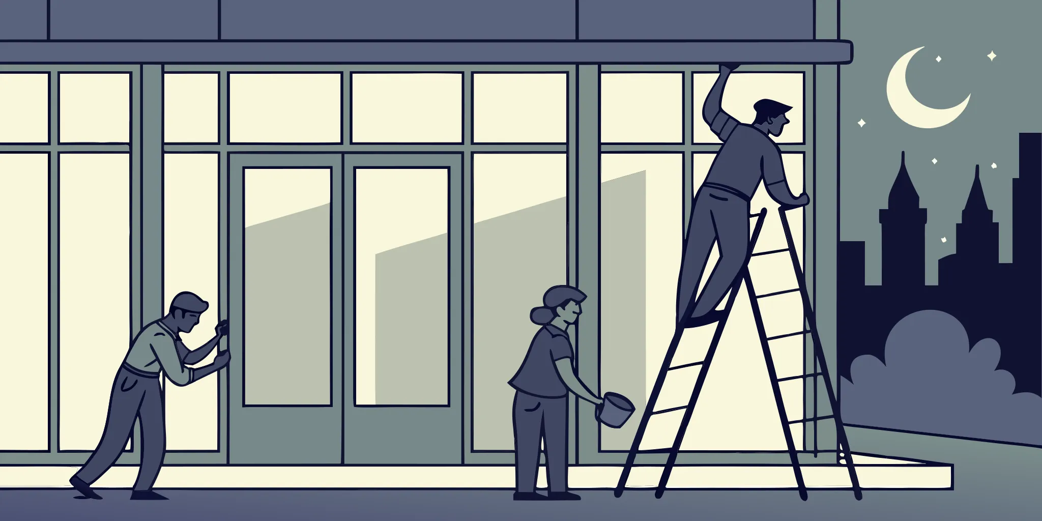 Installers applying window film during a retail bank window graphics rollout