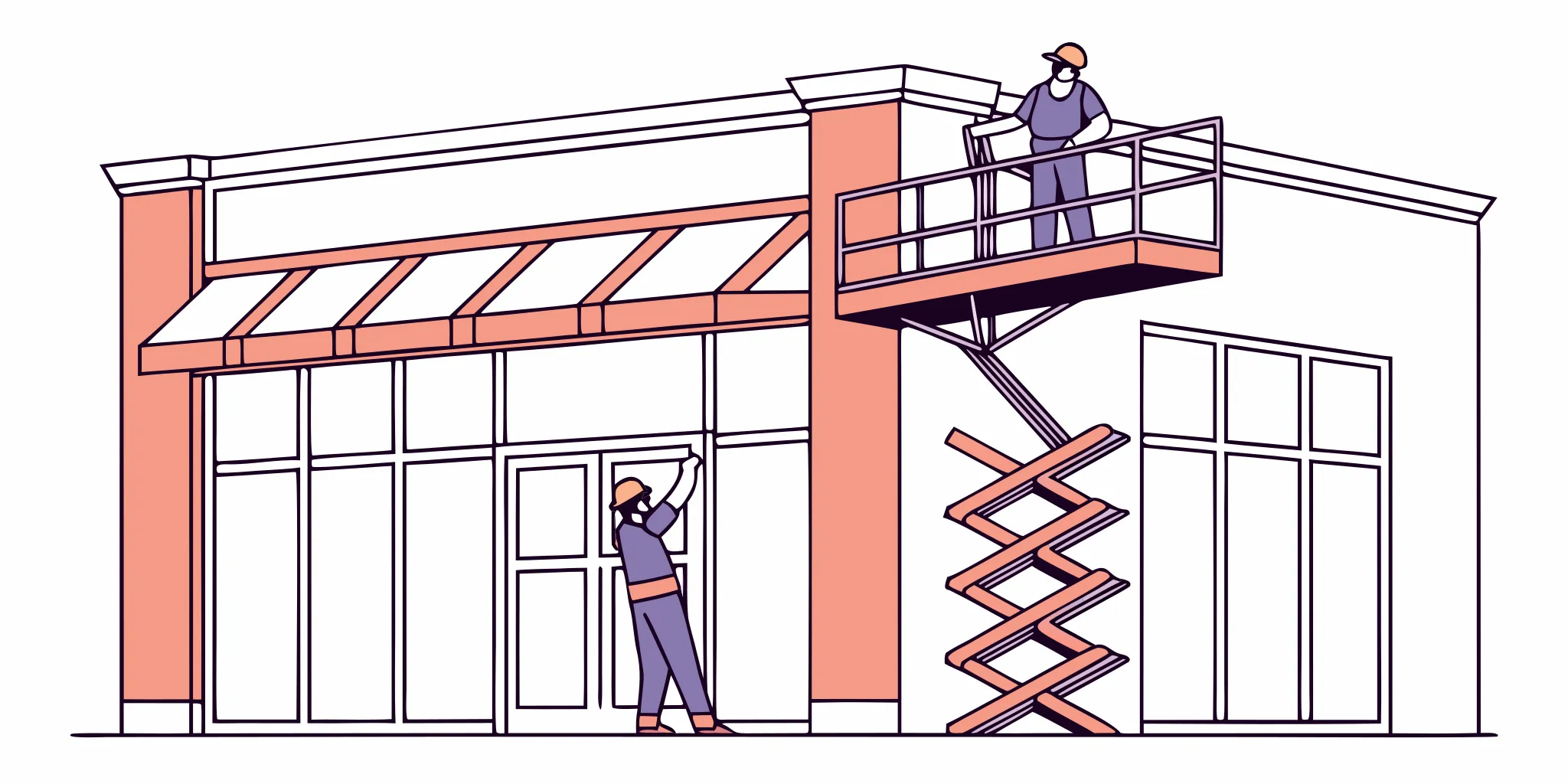 Professional exterior building signage installation on a commercial building facade with sign installers using a scissor lift