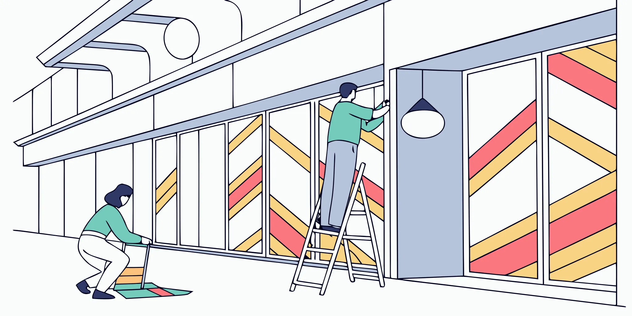 A professional team installing a retail storefront barricade wrap inside a modern shopping mall