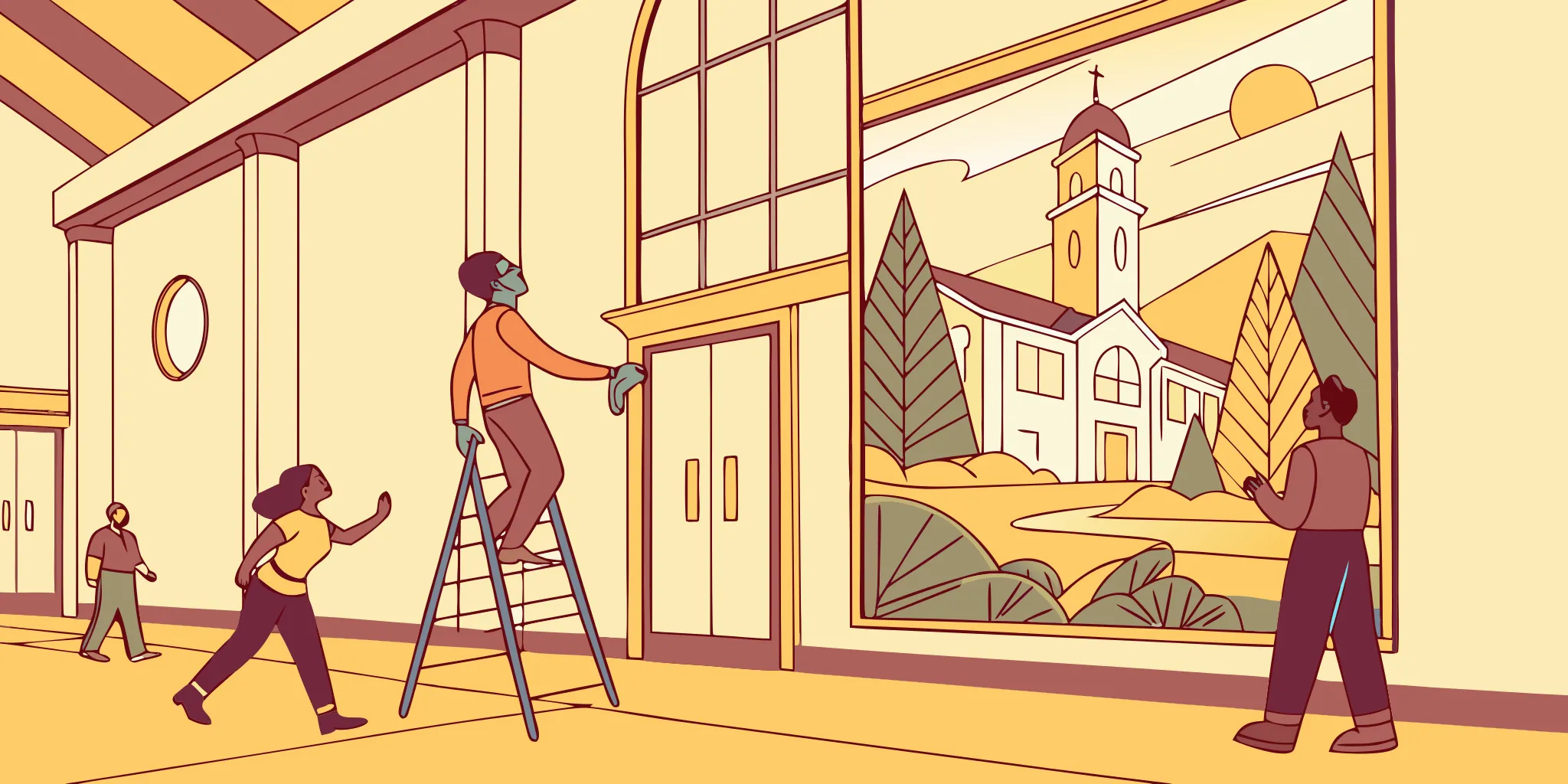 Professional vinyl graphic installation in a church lobby with warm natural lighting