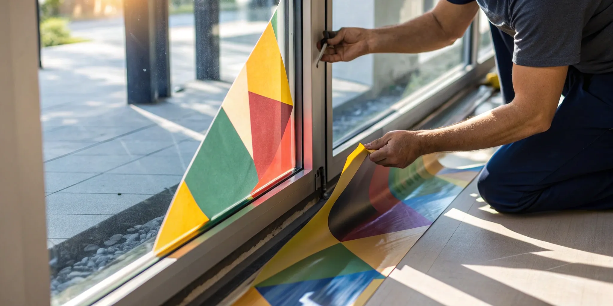 A professional completing a retail graphic installation on a store window.