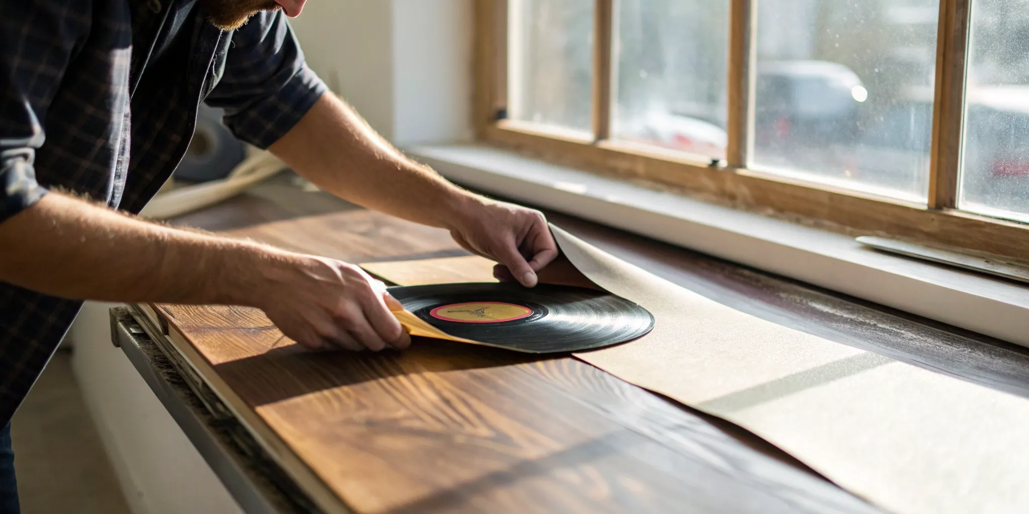 Applying custom cut vinyl lettering to a wooden surface.