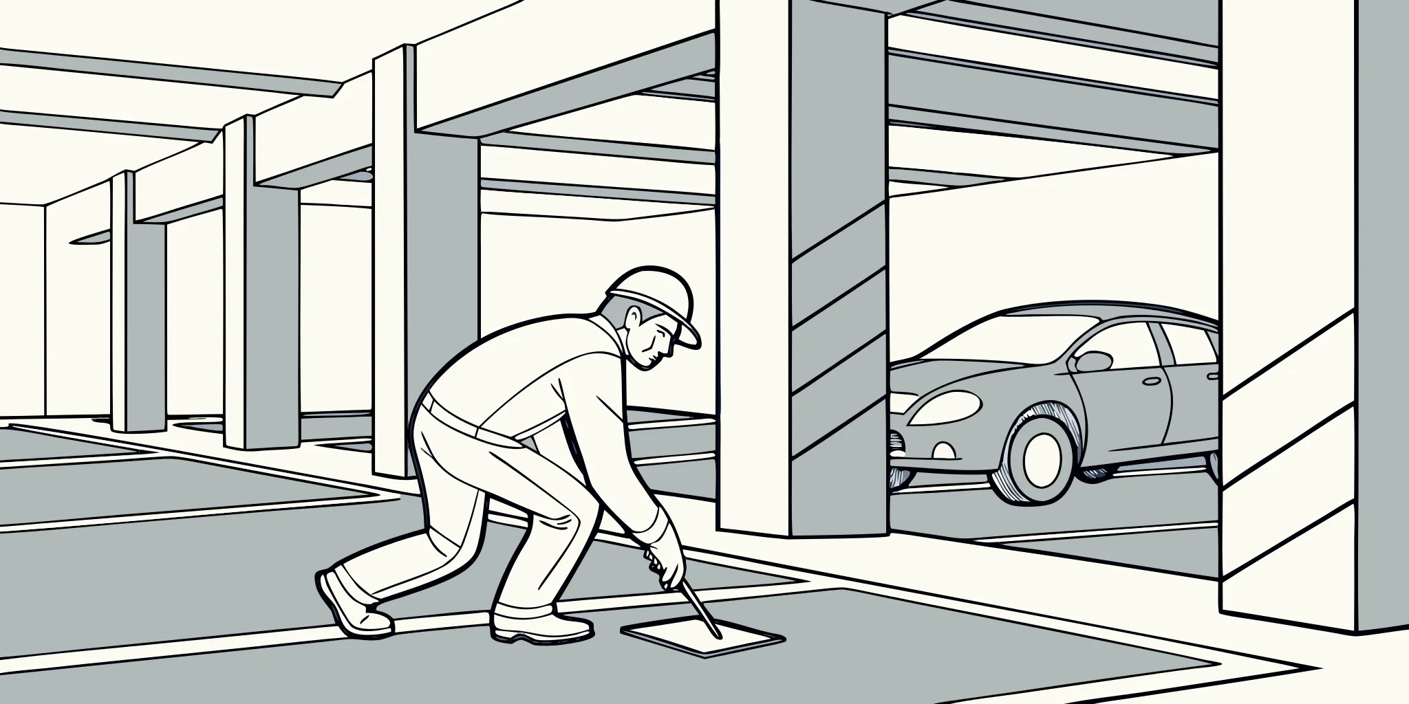Installer applying parking garage wayfinding graphics to a concrete wall