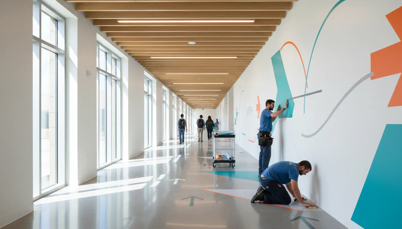 Campus wayfinding graphics installation with directional vinyl in a school corridor