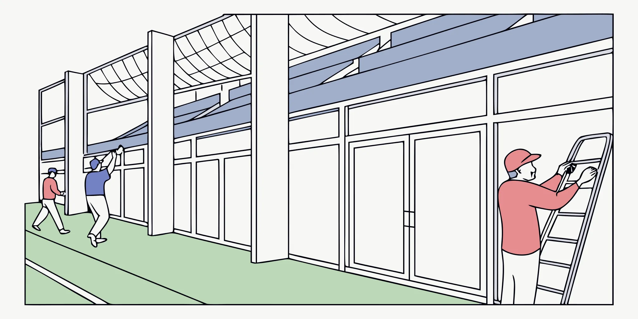 Installers planning stadium concourse graphics installation zones