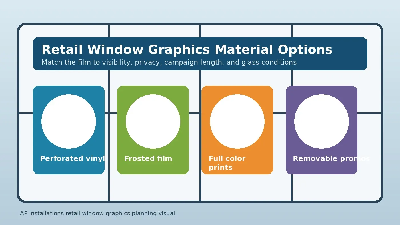 Retail window graphics material options for storefront glass